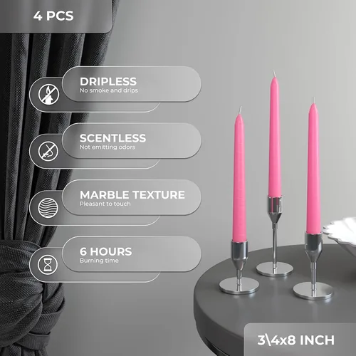 Miniatura 3 de CANDWAX - Juego de 4 velas cónicas de 8 pulgadas, anti goteo y sin humo, velas delgadas de combustión lenta, velas cónicas color rosa