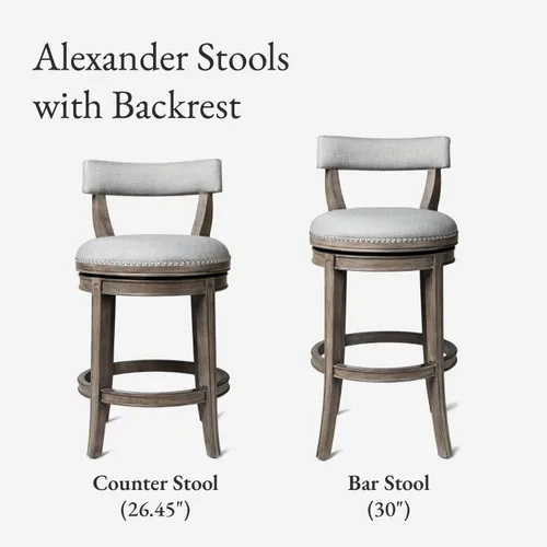 Miniatura 5 de Maven Lane Alexander - Juego de 2 taburetes de bar de 31 pulgadas, taburetes giratorios con reposapiés, tapicería de madera maciza gris y tela gris