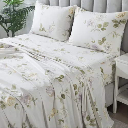 Miniatura 20 de FADFAY Juego de sábanas tamaño King, 100% algodón, elegante ropa de cama de granja con hojas verdes menta y flores blancas, sábana suave