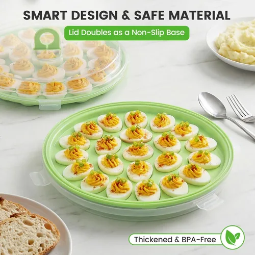 Miniatura 4 de HANSGO - Recipientes para huevos rellenos con tapa, 3 piezas, bandejas portaplatos para huevos rellenos con 66 ranuras para fiestas y cocinas, verde