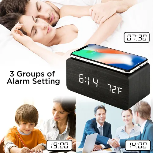 Miniatura 8 de OCT17 Reloj despertador con almohadilla de carga inalámbrica Qi compatible con iPhone Samsung, reloj digital LED de madera, función de control