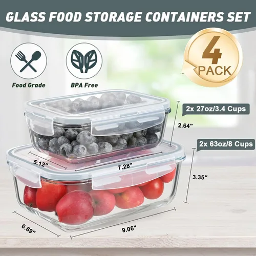 Miniatura 2 de KOMUEE Juego de recipientes grandes de vidrio para almacenamiento de alimentos (63 oz y 27 oz) con tapas herméticas, sin BPA, paquete de 4