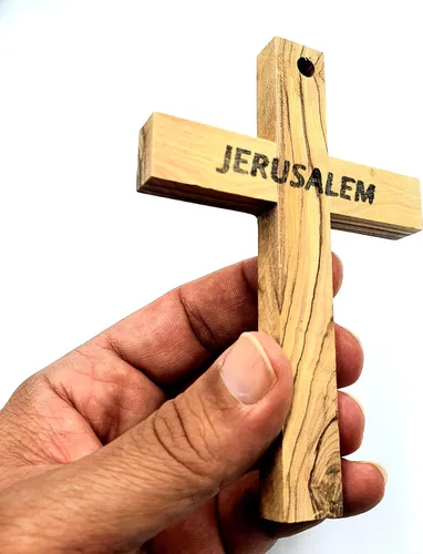 Miniatura 9 de Cruz de pared de madera de olivo de Zuluf de Belén 12 cm Hecha a mano, decoración cristiana y católica, regalo navideño para colgar en la pared