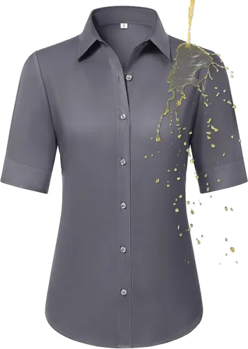 Miniatura 19 de Camisas con botones para mujer, ajustadas, de manga corta, con cuello, sin arrugas