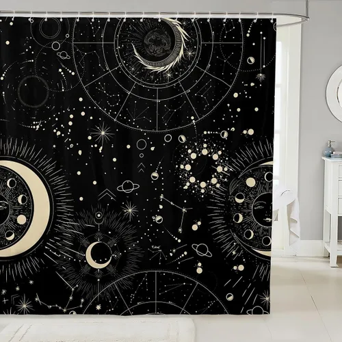 Miniatura 9 de Cortina de baño con temática del universo cósmico de galaxia, juego de cortina de ducha de cielo nocturno estrellado para niños y adultos, cortina