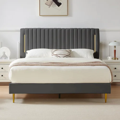 Miniatura 9 de Furnify Armazón de Cama de Plataforma Twin, Marco de Cama Tapizado en Terciopelo con Cabecera Ajustable de Canal Vertical, Ribete de Enchapado