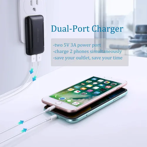 Miniatura 2 de Cargador de pared USB doble, [paquete de 2] cargador plano de pared USB delgado compatible con iPhone 16 15 14 Pro Max/13/12/11/Xr/Xs/X, Galaxy Negro
