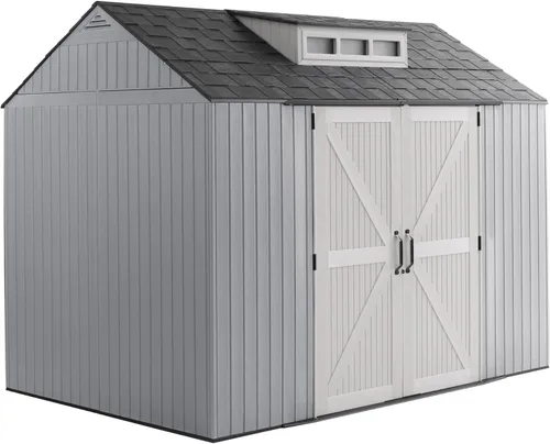 Miniatura 16 de Rubbermaid - Cobertizo grande vertical de resina para exteriores con piso (6.2 x 4.6 pies), resistente a la intemperie, beige/marrón, para organizar