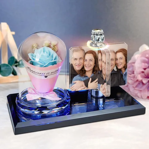 Luz de foto personalizada mexicana LED rosa flor cristal rectangular foto marco personalidad luz 3D cristal foto marco regalo de Navidad, AZUL