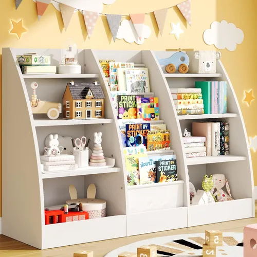 Miniatura 12 de Estantería para niños de 4 niveles, estante de 4 capas para habitaciones de niños, estantería de madera XXL para niños, estante de almacenamiento