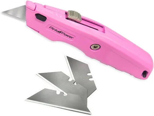 Miniatura 8 de Pink Power Cortador de cajas retráctil, cuchillo de utilidad rosa para alfombra, lindo cuchillo cortador de caja resistente con 3 cuchillas