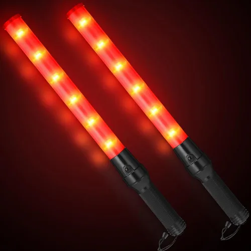 Miniatura 8 de Weewooday Paquete de 2 varitas de control de tráfico aéreo de seguridad de 11 pulgadas, varita de señal de tráfico LED con control de linterna, Rojo