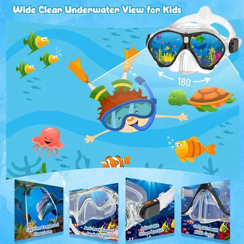 Miniatura 2 de Seovediary Juego de esnórquel para niños, máscara, aletas, equipo de esnórquel para niños, gafas de natación antiniebla con vista panorámica de 180