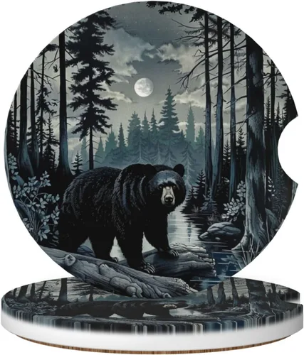 Miniatura 18 de 2 posavasos para automóvil, pintura de árbol de oso, base de corcho antideslizante, diseño de ranura, ajuste universal, cerámica, marrón