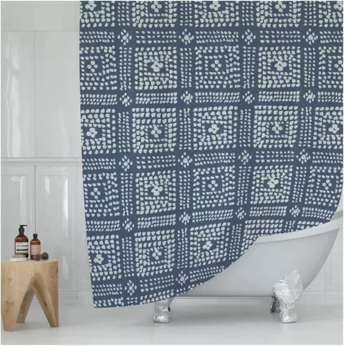 Miniatura 6 de Cortina de Ducha Moderna con Estampado Shibori Azul - Patrón Geométrico Boho de Puntos - Diseño Mudcloth - Cortina de Ducha Decorativa de Tela