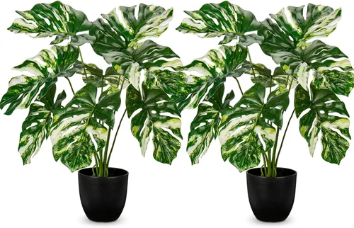 Hollyone Planta artificial Monstera Deliciosa de 17 pulgadas en maceta negra, planta tropical falsa de queso suizo en maceta para interiores y
