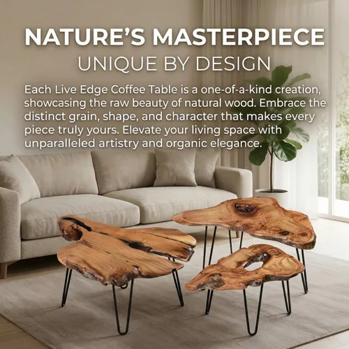 Miniatura 7 de Mesa de centro de madera natural, mesa de centro de borde vivo para sala de estar, escritorio único