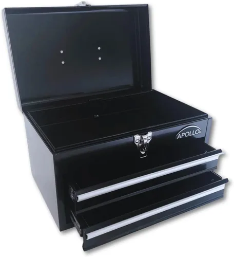 Miniatura 2 de Apollo Tools - Caja de herramientas de acero de 14 pulgadas con compartimento superior profundo y 2 cajones de acero resistente con apertura de Negro
