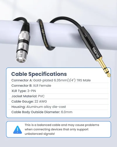 Miniatura 7 de Tisino Cable de micrófono de XLR hembra a TRS de 1/4'', conector estéreo de 6.35mm a XLR hembra de 3 pines cable de interconexión balanceado - 3.3FT