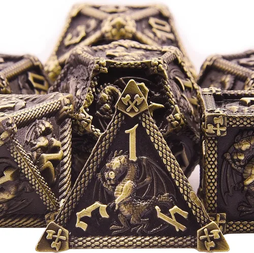 AUSTOR Juego de dados de metal DND de 7 troqueles, juego de dados poliédricos de Calabozos y Dragones con caja D20 D12 D10 D% D8 D6 D4 para Bronce