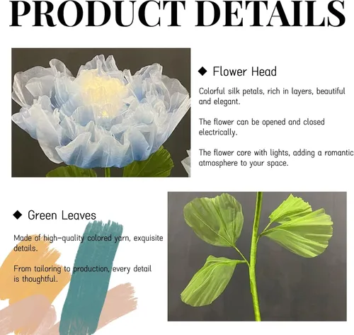 Miniatura 6 de Decoración de Flores Gigantes con Luz, 6.56 Pies Organza Floral Eléctrica Grande de Apertura Automática con Luz Parpadeante para Boda Cumpleaños