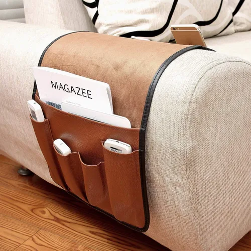 Miniatura 6 de Organizador de reposabrazos de cuero antideslizante para sofá, soporte remoto, sillón reclinable con 6 bolsillos para revistas, libros, control