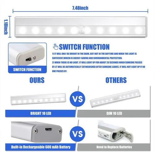 Miniatura 5 de Paquete de 6 luces LED con sensor de movimiento, iluminación inalámbrica para debajo del gabinete, luces LED con sensor de movimiento, barra de luz
