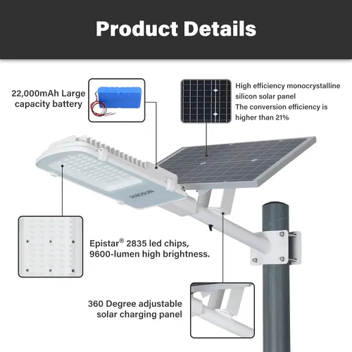 Miniatura 6 de Gebosun Farola solar, luces LED solares de 100 W, funciona desde el atardecer hasta el amanecer, 8600 lm, 6000 K, IP65 impermeable, montado