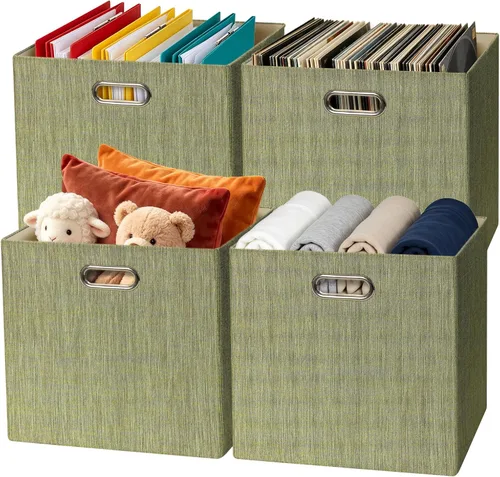 Miniatura 17 de Posprica Cubos de almacenamiento plegables, 11 x 11 x 11 pulgadas, contenedores de tela, 4 unidades, color beige
