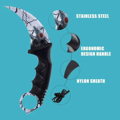 Miniatura 7 de 2 Piezas Cuchillo Karambit de Hoja Fija, Herramienta Táctica de Acampada, Cuchillo de Caza al Aire Libre con Funda y Cordón, Adecuado para Negro