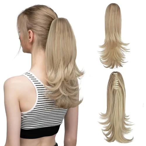 Miniatura 17 de CJL HAIR - Extensión de cola de caballo con clip de garra corto, cordón elástico, cabello rizado falso, balayage, pieza de cabello sintético, fibra