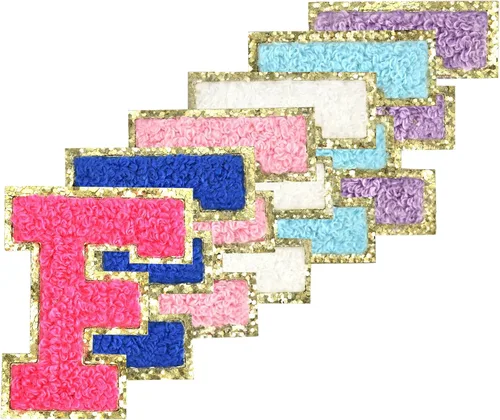 Miniatura 13 de 6 piezas de parches de letras de chenilla autoadhesivas con purpurina para planchar, parches de letras universitarias estilo preppy, letras difusas
