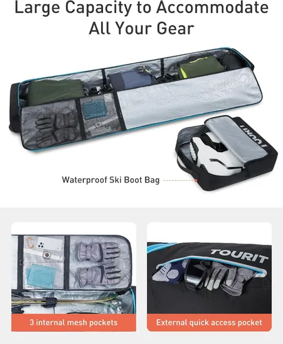 Miniatura 7 de TOURIT Rolling Ski Bag and Ski Boot Bag Combo - Fully Padded Snowboard Bag with Wheels for Air Travel, Wheeled Ski Bag Holds 2 Pairs of Skis (195cm)