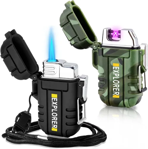 Paquete de 2 encendedores impermeables para exteriores, encendedores de antorcha resistentes al viento, encendedores eléctricos de butano de arco