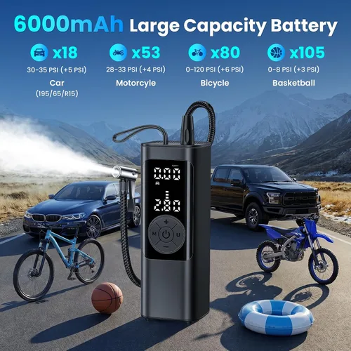 Miniatura 2 de FamilyKit Compresor de aire portátil para inflador de neumáticos, bomba de aire inalámbrica de 6000 mAh, 150 PSI, inflado rápido 24L/min, 4 modos