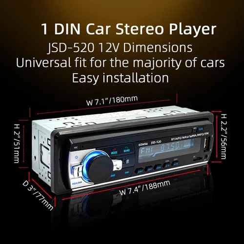 Miniatura 4 de JSD-520 Coche Estéreo Audio Solo DIN Bluetooth Manos Libres FM Radio Receptor USB Carga/MP3/AUX/TF, No Reproductor de CD