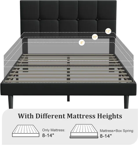 Miniatura 8 de Base de cama de plataforma de terciopelo de tamaño matrimonial con cabecera tapizada y soporte de listones resistentes, diseño con botones,