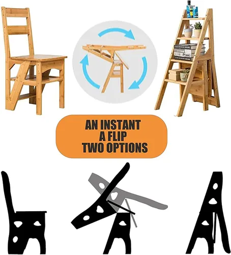 Miniatura 4 de Silla de escalera plegable de madera, taburete y silla 2 en 1, estilo rústico, perfecta para comedor, uso en interiores y exteriores, capacidad