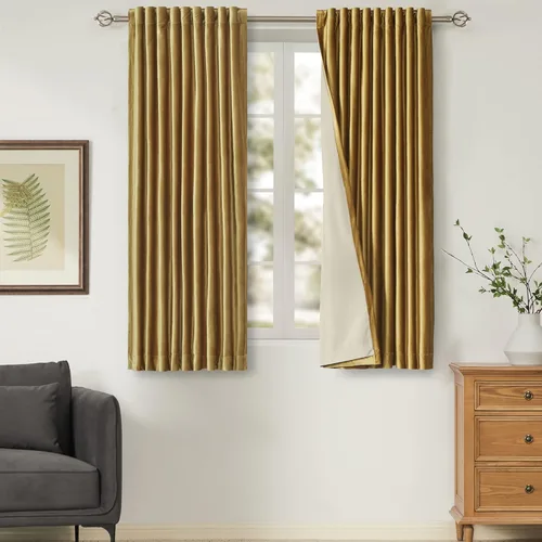 Miniatura 44 de Cortinas opacas de terciopelo dorado de 108 pulgadas para sala de estar, totalmente opacas, elegantes, 2 paneles con pestaña trasera, aislamiento