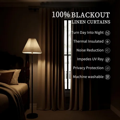 Miniatura 2 de BOODII Cortinas de lino 100% opacas para dormitorio de 102 pulgadas de largo, con aislamiento térmico, oscurecimiento de la habitación, cortinas