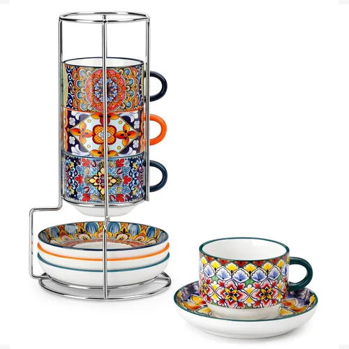 vancasso Juego de 4 tazas de café espresso apilables de 8 onzas con platillos y soporte de metal, tazas de capuchino de cerámica bohemia, aptas para