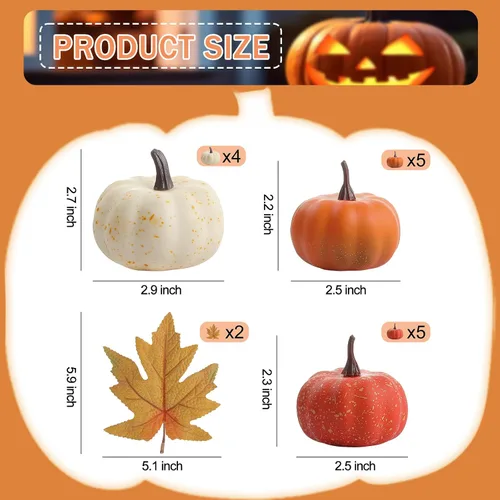 Miniatura 3 de LZNPA Juego de 16 mini calabazas artificiales artificiales con hojas de otoño, espuma de plástico tallable, pequeñas calabazas blancas