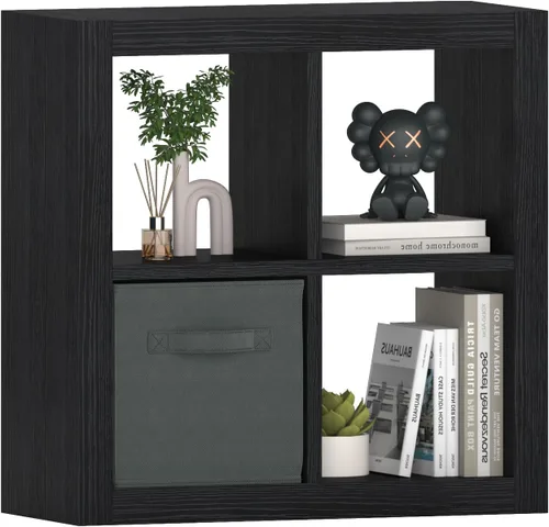 furtble Estantería con contenedor de almacenamiento, organizador de almacenamiento de 4 cubos, estantería abierta de madera moderna, estante de Negro