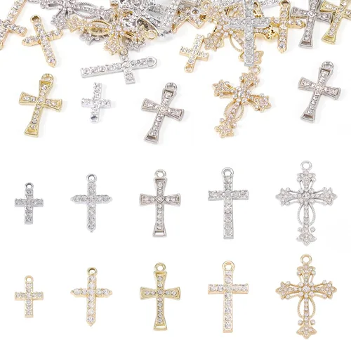 20 dijes de cruz con diamantes de imitación de cristal y crucifijo colgantes, colgantes de rosario de plata dorada para Pascua, joyería, pulsera,