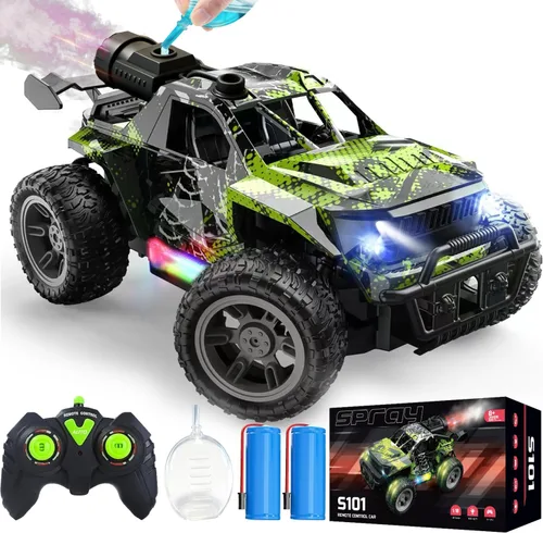 Camión monstruo RC 1:18 para niños, niños 4-7-8-12, auto de control remoto todoterreno todoterreno con luces LED y aerosol, 40 minutos de tiempo de
