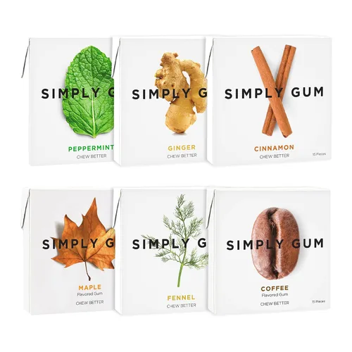 Goma de Mascar Natural Surtida de Simply Gum, sin OGM, Vegana, 6 paquetes (90 piezas), incluye Menta, Canela, Jengibre, Hinojo, Café, Arce