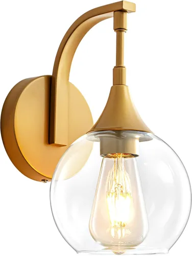 Aplique de pared dorado, 1 luz de tocador de baño, lámpara de pared moderna con pantalla de vidrio transparente de 4.9 pulgadas, lámparas de pared