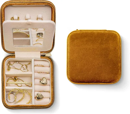 Joyero de terciopelo afelpado para viaje, joyeros pequeños para mujer, estuche de viaje para joyas para mujer, organizador de aretes con espejo,