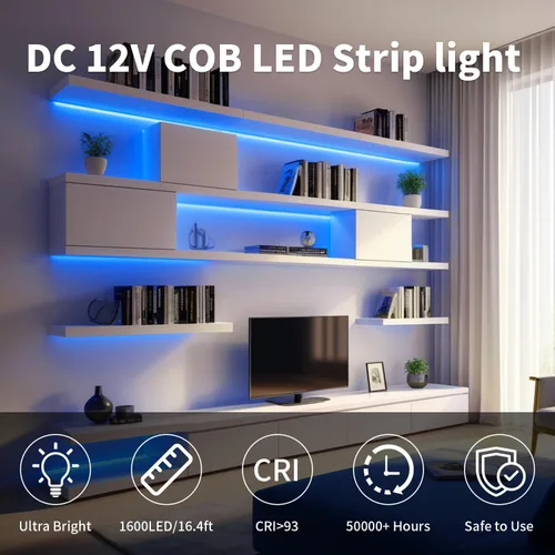 Miniatura 2 de iNextStation Tira de luz LED COB azul de 6.6 pies, tira LED COB de 5 V USB 640 LED con atenuador, CRI 93+, luces LED COB flexibles