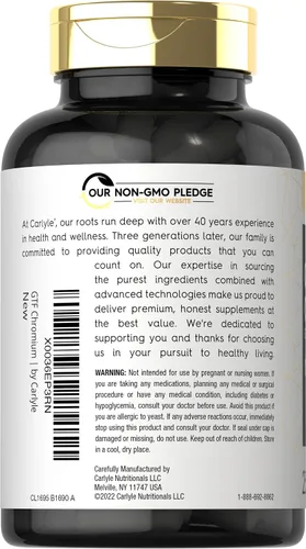 Miniatura 3 de Carlyle Suplemento de cromo GTF 600 mcg 250 cápsulas Factor de tolerancia a la glucosa Fórmula sin OMG y sin gluten